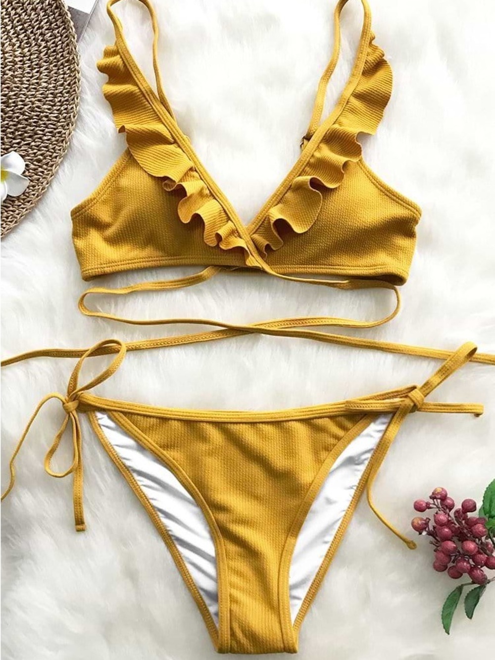 Cupshe Women’s Cross Design Tie Ruffle Triangle Bikini Set Mustard Yellow